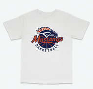 White t-shirt with 'Mustangs Basketball' logo on a white background